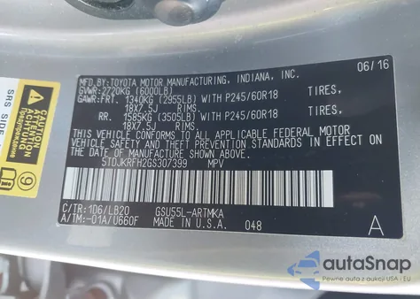 2016 Toyota Highlander Xle V6 из США, поврежденный, VIN 5TDJKRFH2GS307399